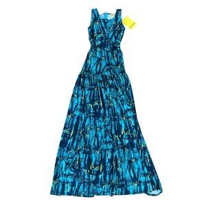 Marrisa Wilson - Jada Maxi Dress with Cut Outs in Palm Tree Print Blue & Yellow